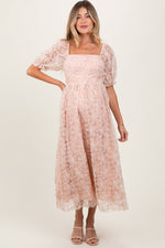 Light Pink Floral Mesh Overlay Tie Back Maternity Midi Dress by PinkBlush at Everetts Place