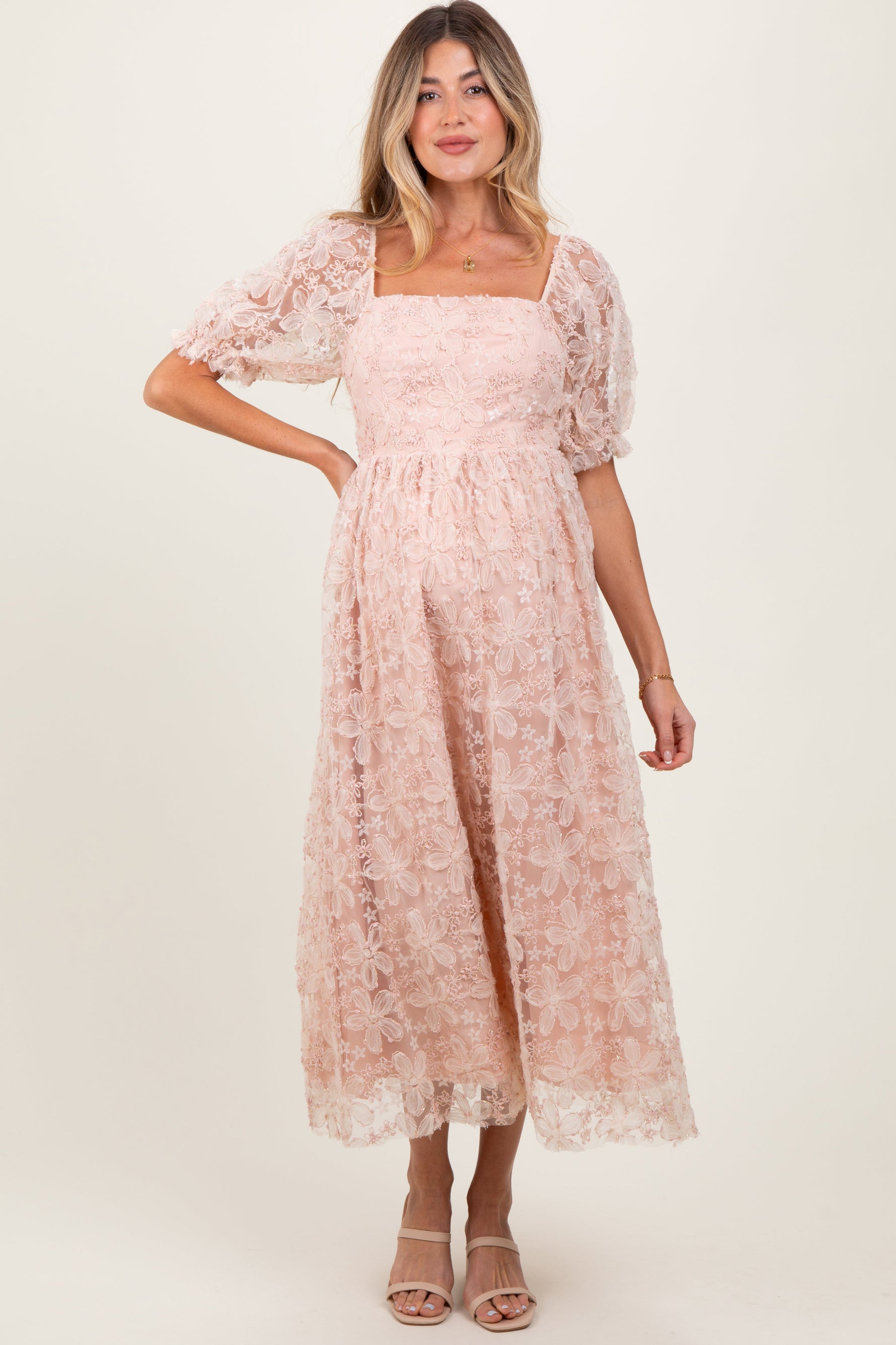 Light Pink Floral Mesh Overlay Tie Back Maternity Midi Dress by PinkBlush at Everetts Place