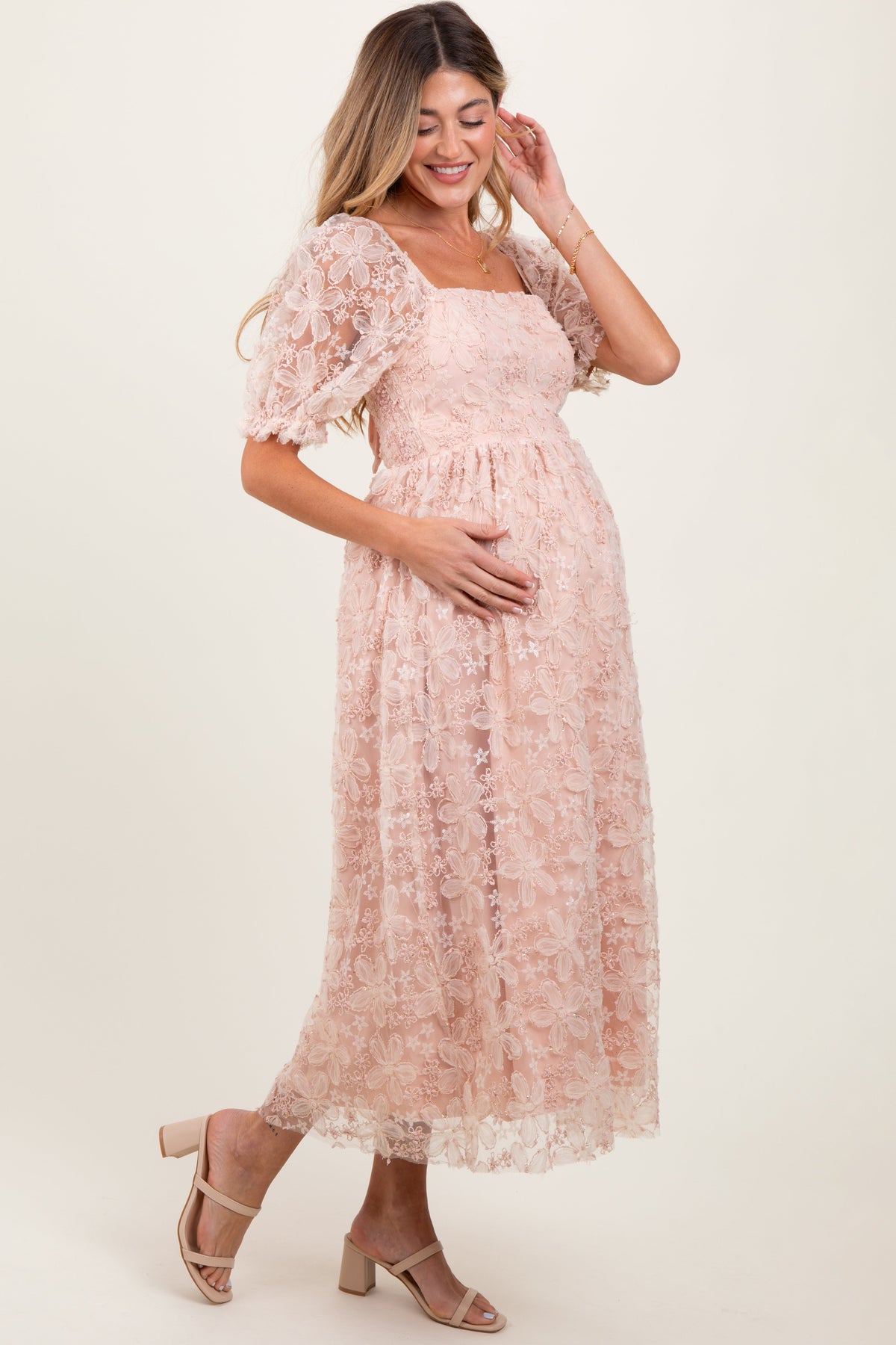 Light Pink Floral Mesh Overlay Tie Back Maternity Midi Dress by PinkBlush at Everetts Place