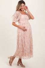 Light Pink Floral Mesh Overlay Tie Back Maternity Midi Dress by PinkBlush at Everetts Place