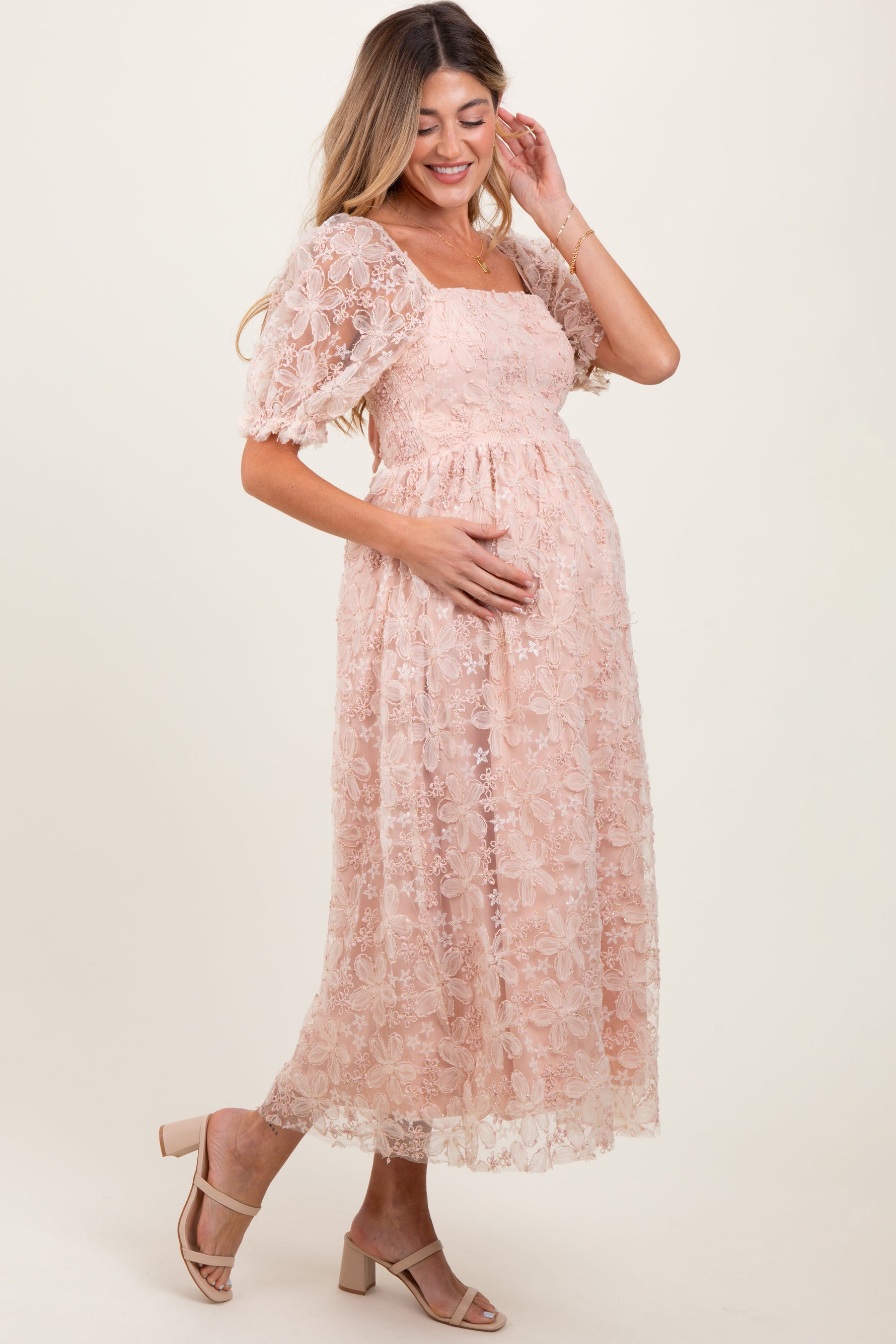 Light Pink Floral Mesh Overlay Tie Back Maternity Midi Dress by PinkBlush at Everetts Place