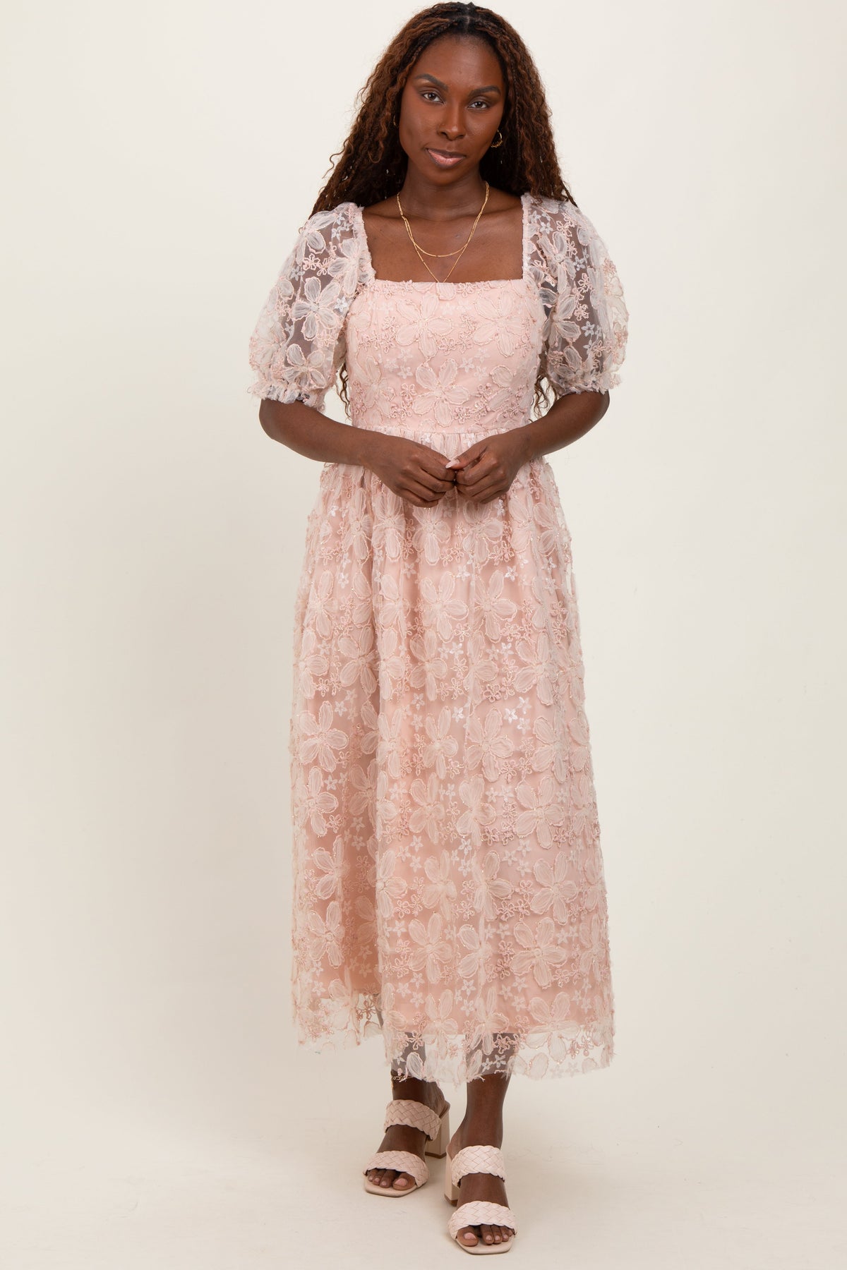 Light Pink Floral Mesh Overlay Tie Back Maternity Midi Dress by PinkBlush at Everetts Place