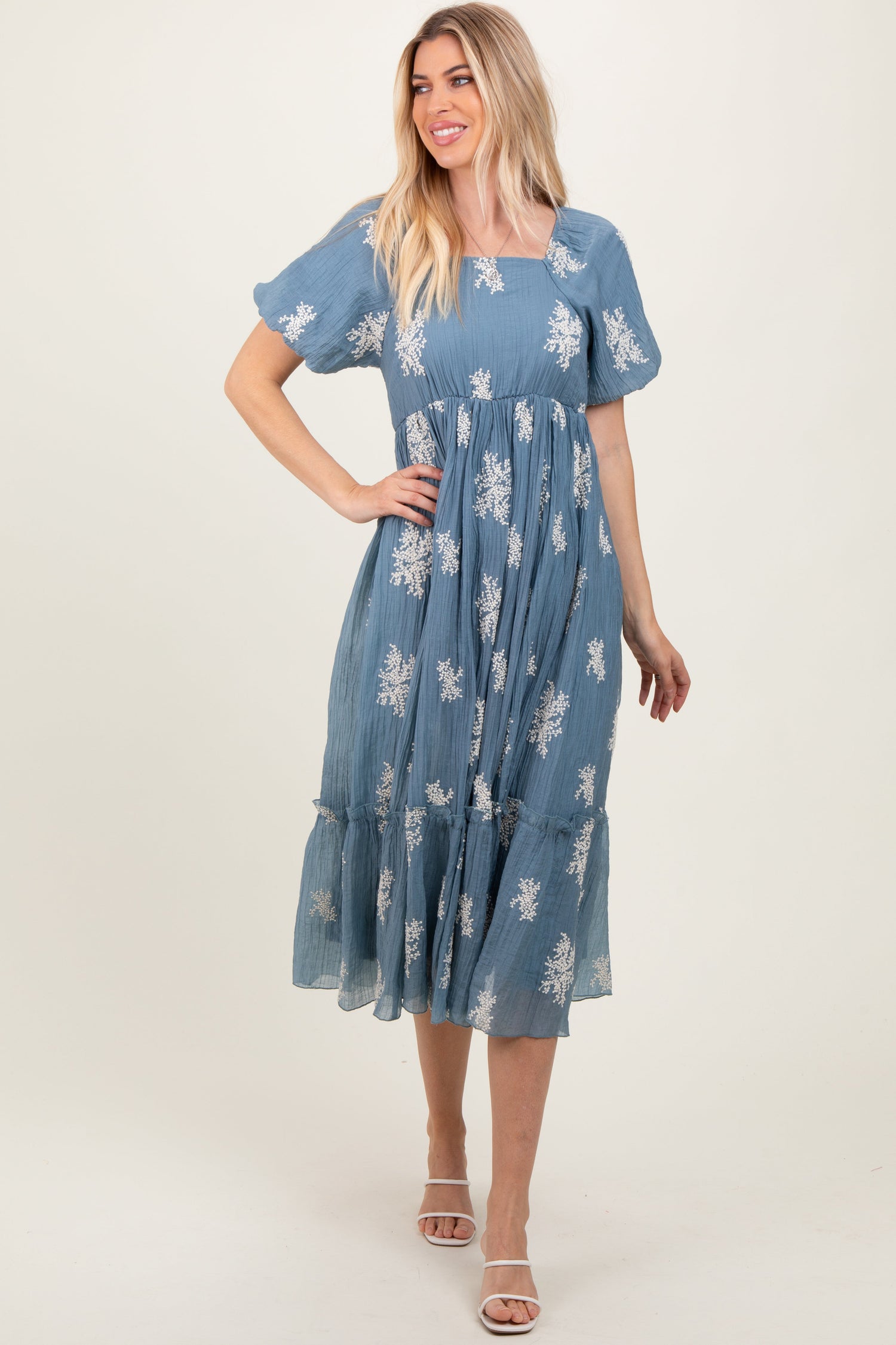 Blue Floral Print Ruffle Hem Midi Dress by PinkBlush at Everetts Place