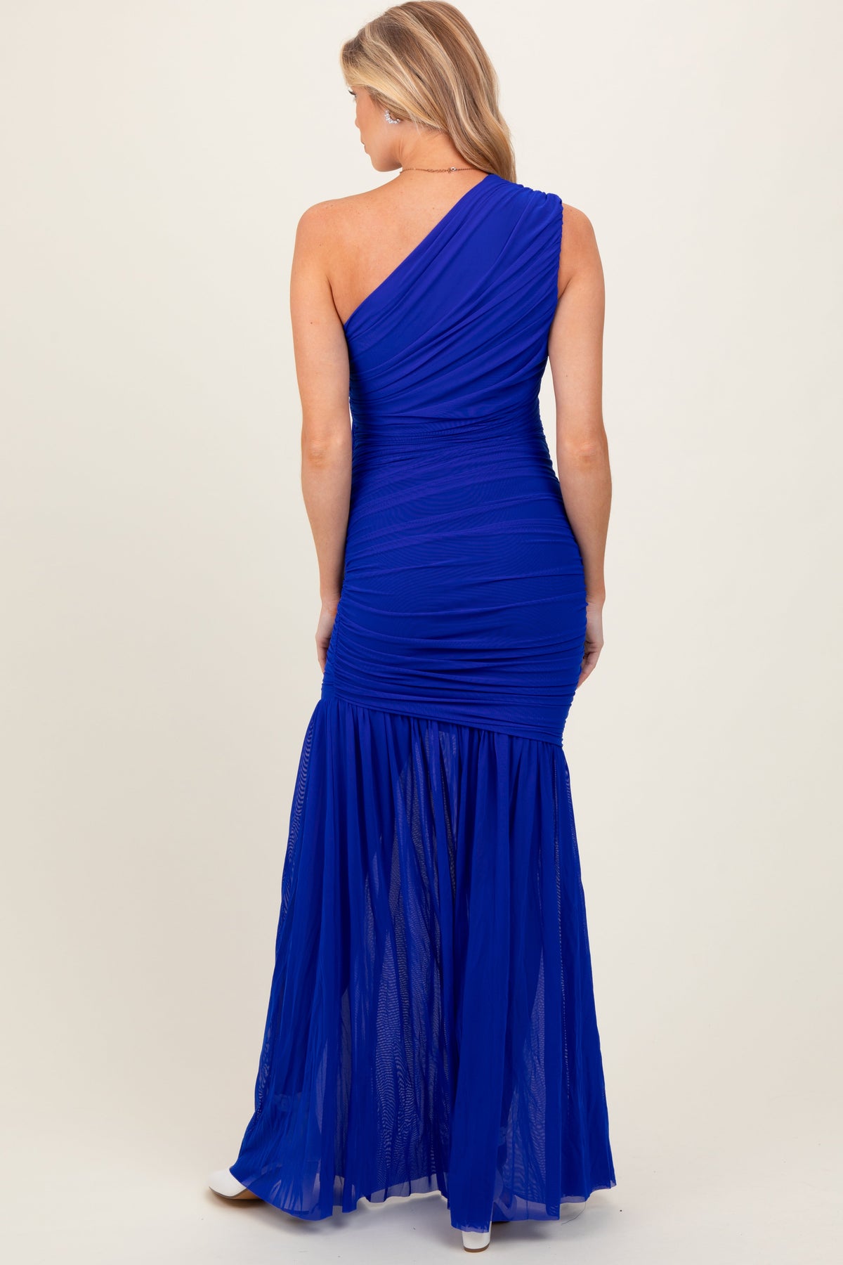 Royal Blue Ruched Mesh One Shoulder Maternity Maxi Dress by PinkBlush at Everetts Place