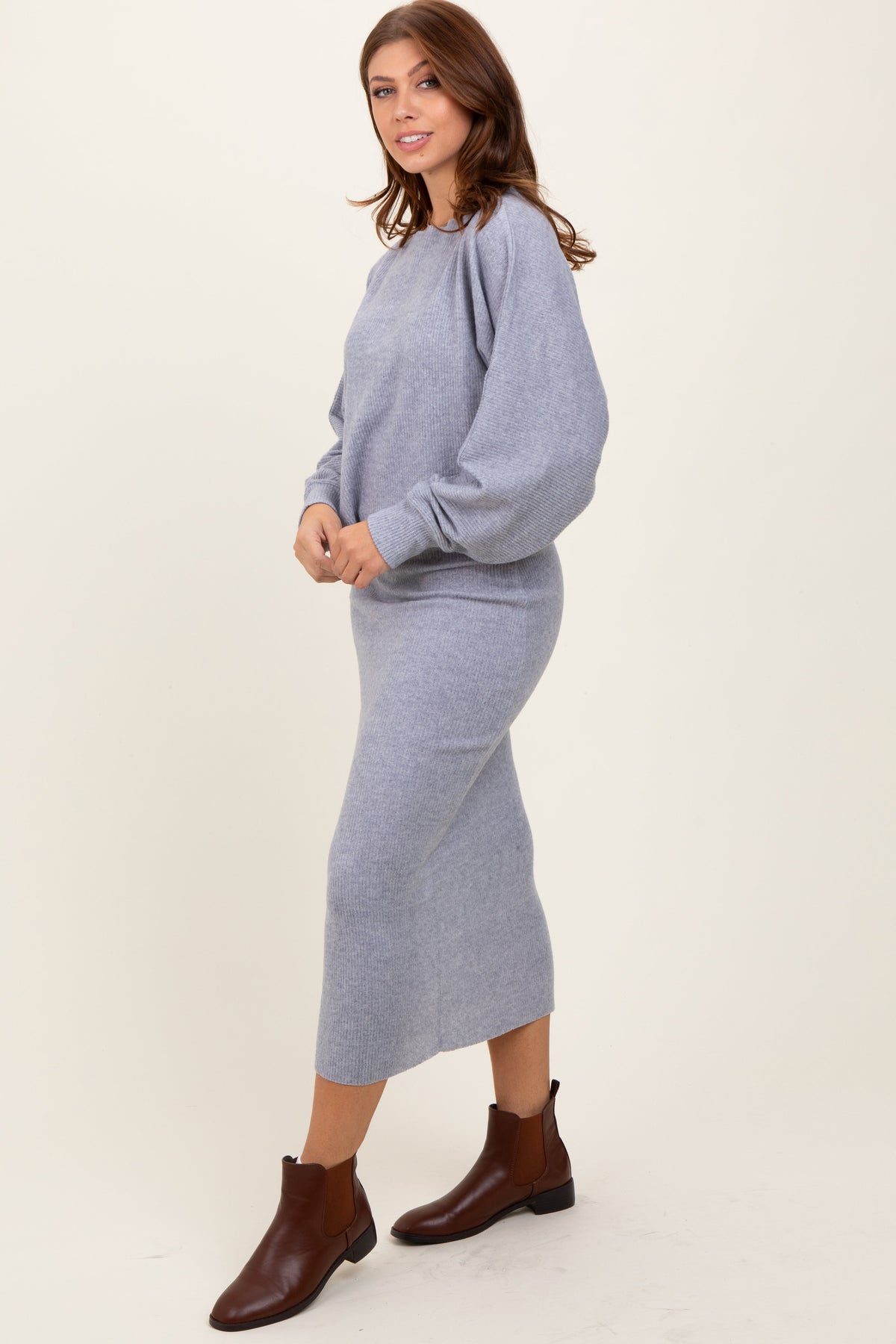 Light Grey Ribbed Knit Asymmetric Top Midi Skirt Set by PinkBlush at Everetts Place