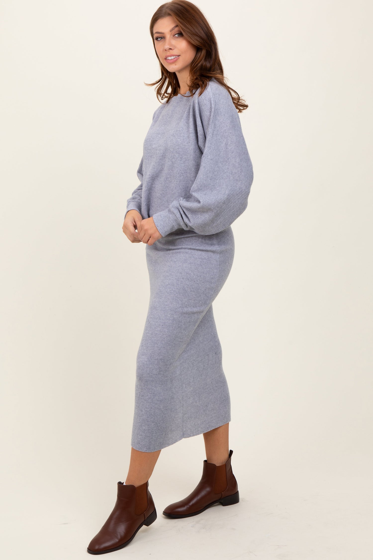 Light Grey Ribbed Knit Asymmetric Top Midi Skirt Set by PinkBlush at Everetts Place