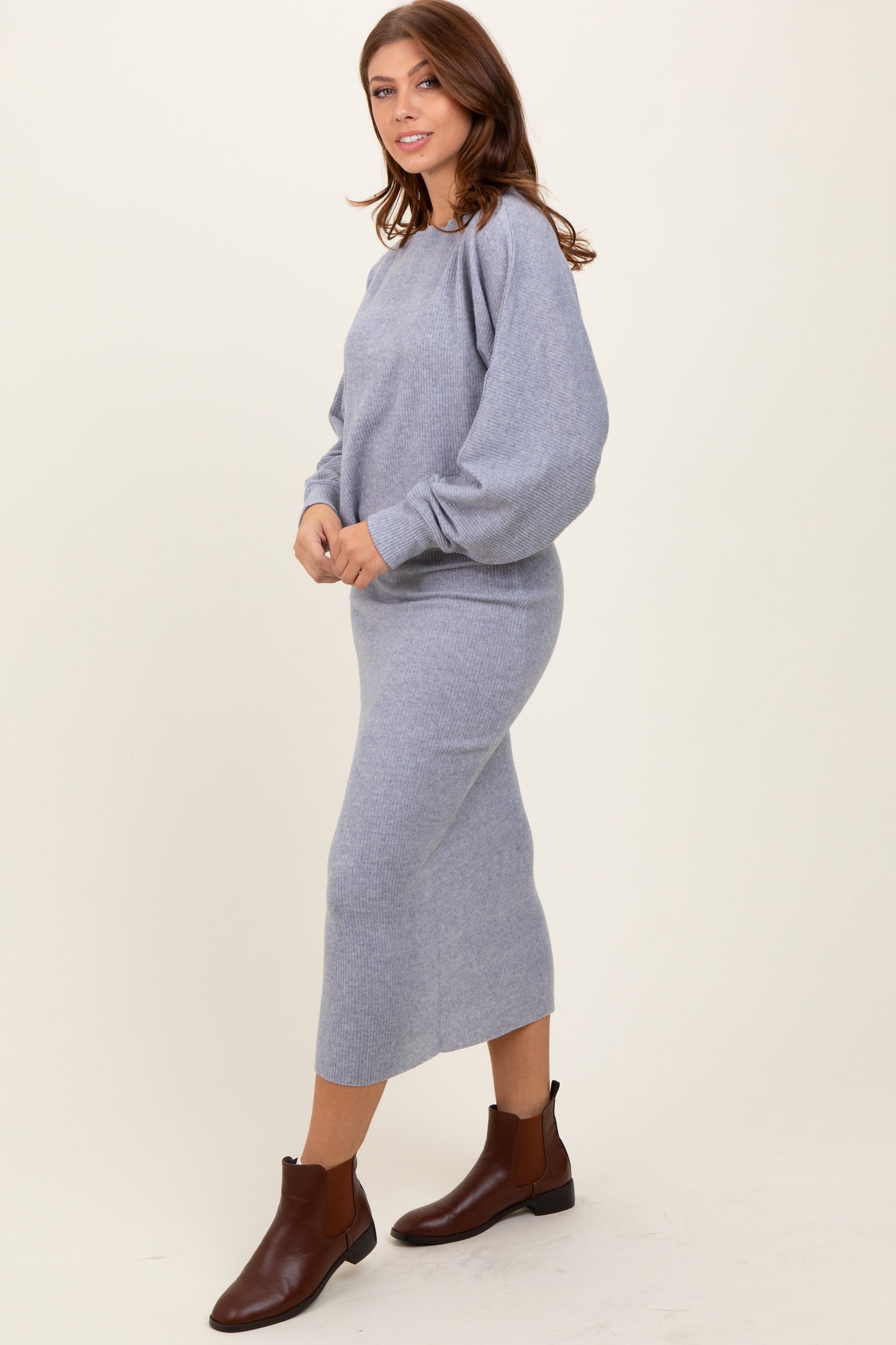 Light Grey Ribbed Knit Asymmetric Top Midi Skirt Set by PinkBlush at Everetts Place