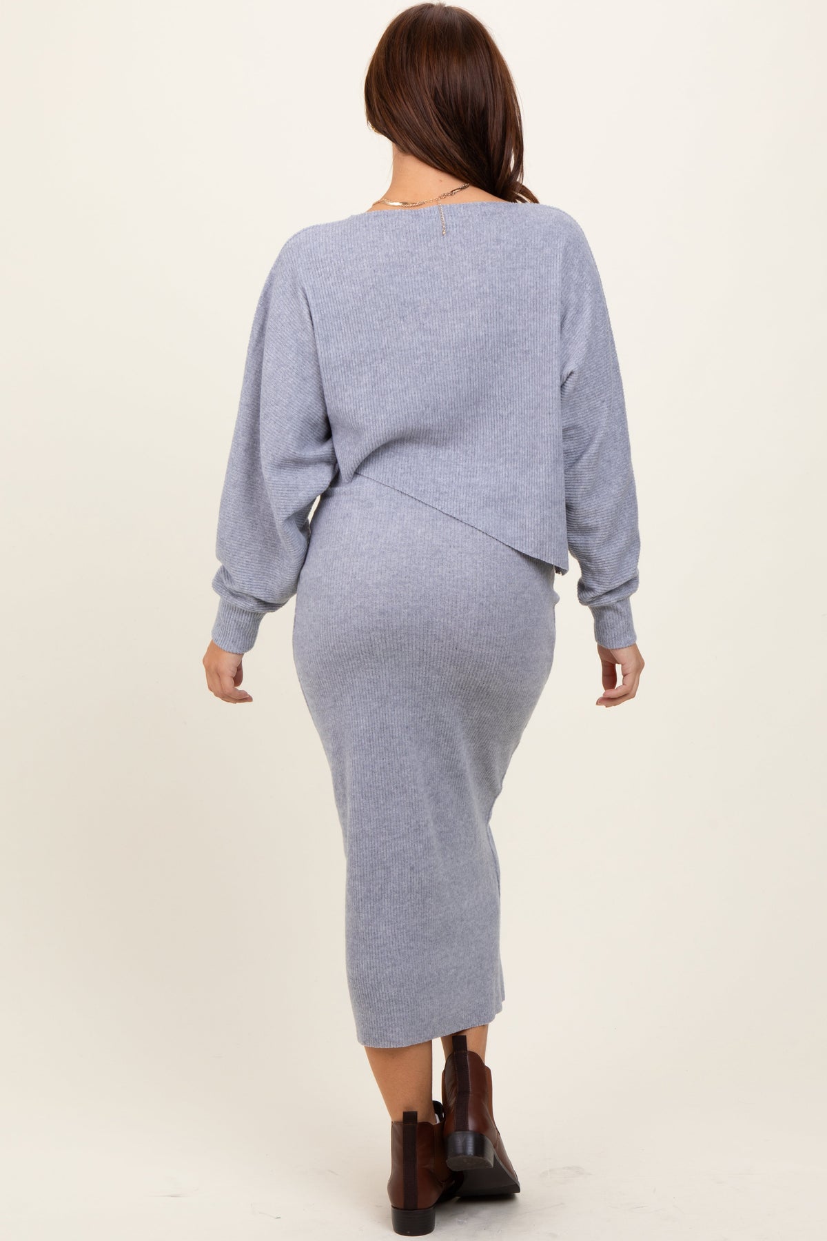 Light Grey Ribbed Knit Asymmetric Top Midi Skirt Set by PinkBlush at Everetts Place