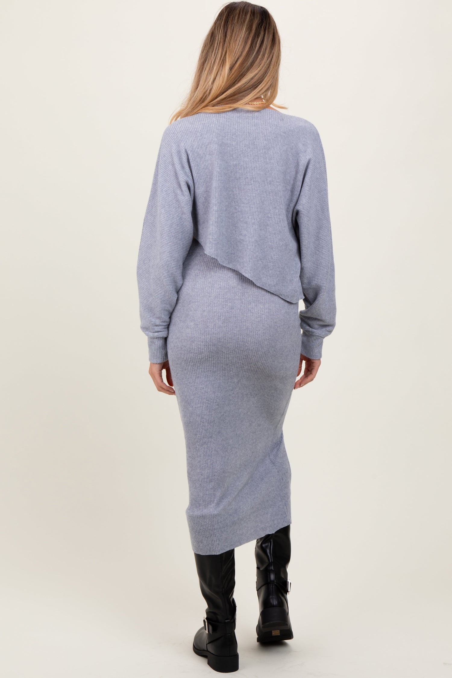 Light Grey Ribbed Knit Asymmetric Top Midi Skirt Maternity Set by PinkBlush at Everetts Place