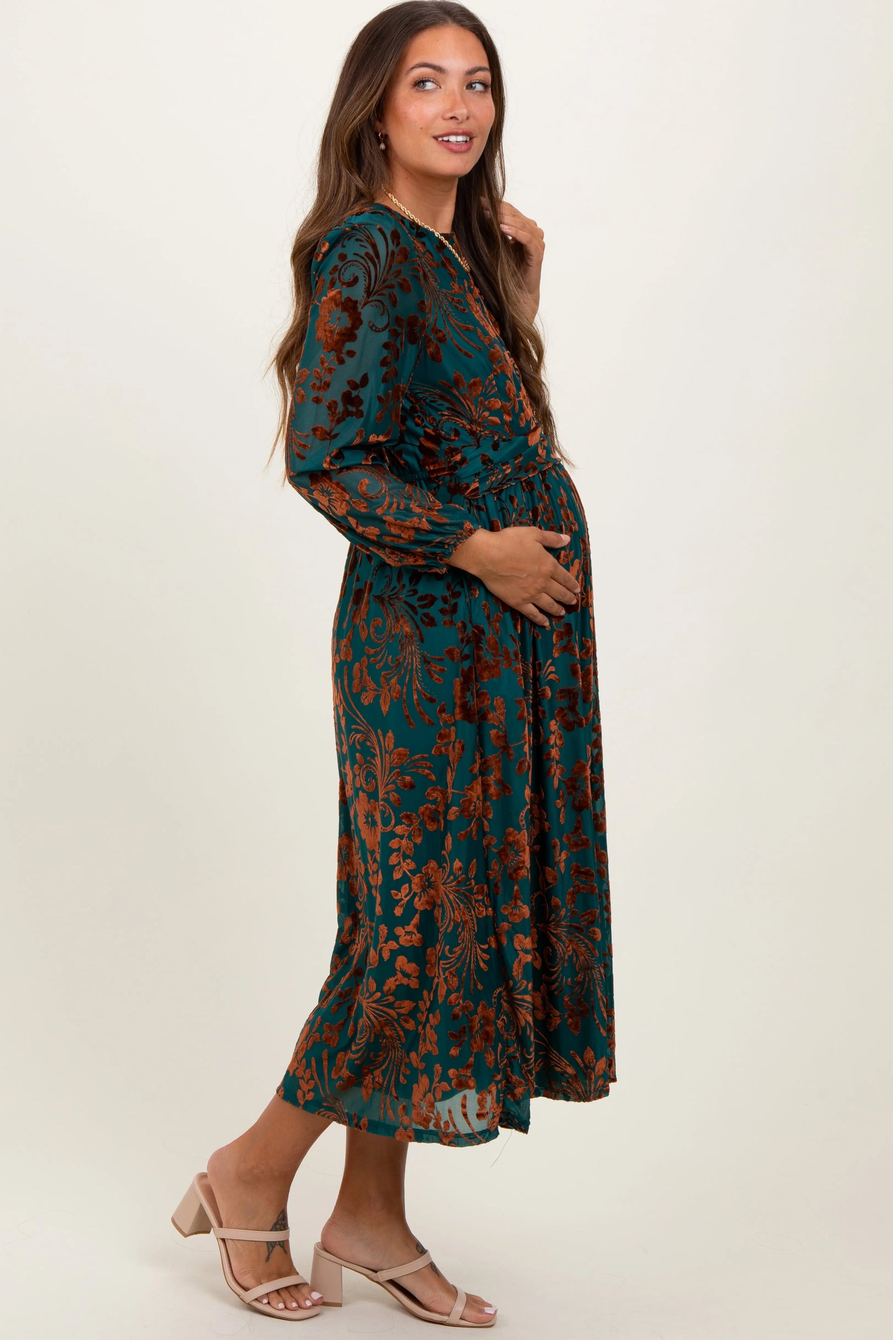 PinkBlush Elegant Teal Velvet Floral Overlay Maternity Midi Dress for Expecting Mothers - Apparel & Accessories > Clothing > Maternity Clothing > Maternity Dresses Apparel & Accessories > Clothing > Dresses