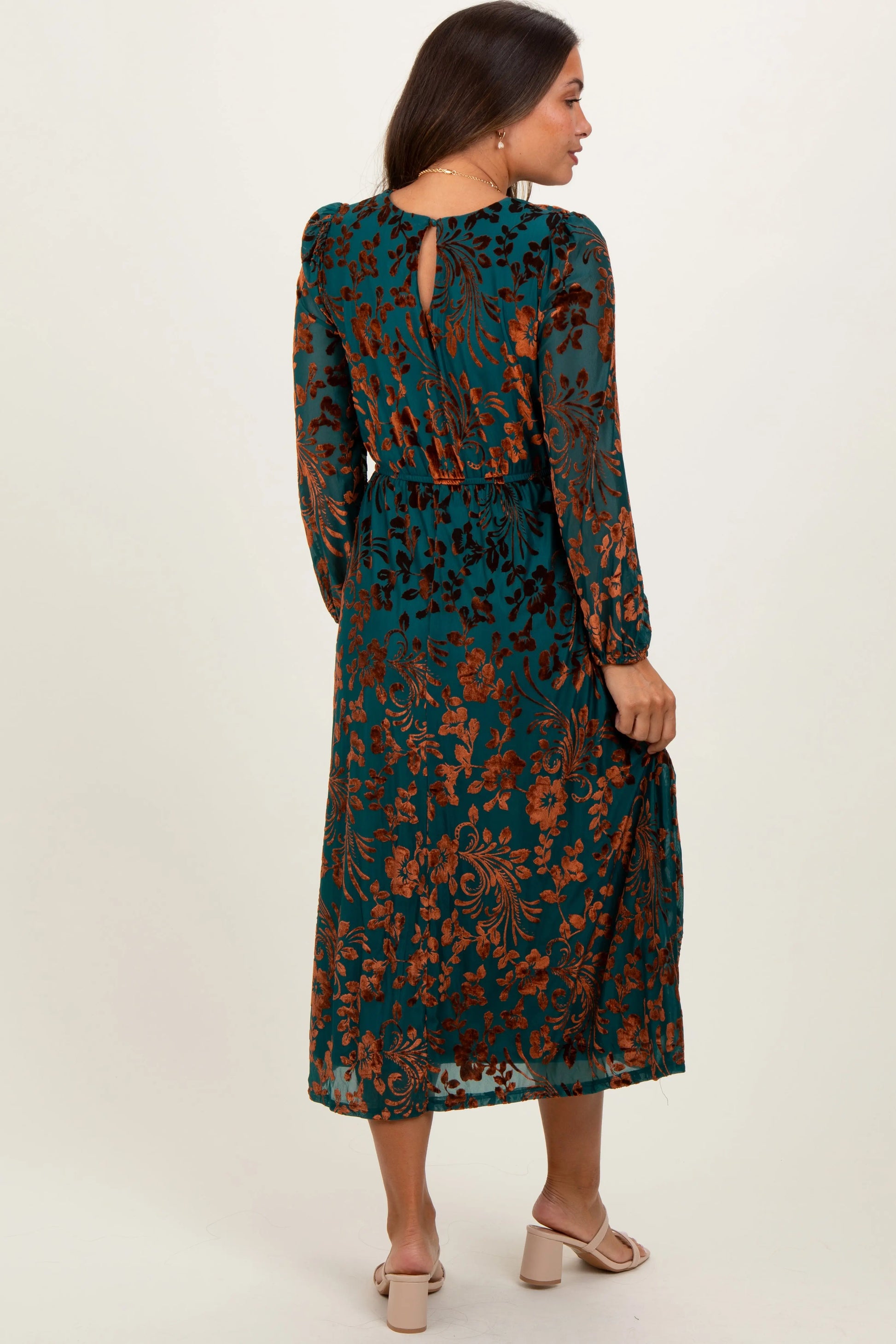 Teal Velvet Floral Overlay Maternity Midi Dress PinkBlush