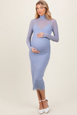 Light Blue Mesh Overlay Fitted Maternity Midi Dress by PinkBlush