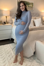 Light Blue Mesh Overlay Fitted Maternity Midi Dress by PinkBlush