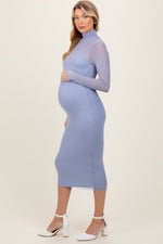 Light Blue Mesh Overlay Fitted Maternity Midi Dress by PinkBlush