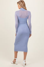Light Blue Mesh Overlay Fitted Maternity Midi Dress by PinkBlush