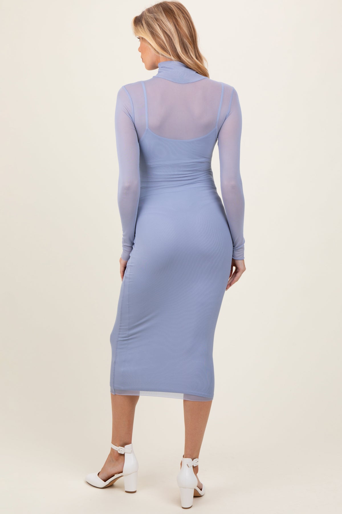 Light Blue Mesh Overlay Fitted Maternity Midi Dress by PinkBlush