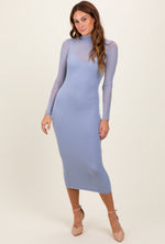 Light Blue Mesh Overlay Fitted Midi Dress by PinkBlush
