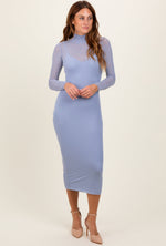 Light Blue Mesh Overlay Fitted Midi Dress by PinkBlush