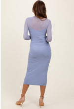 Light Blue Mesh Overlay Fitted Midi Dress by PinkBlush