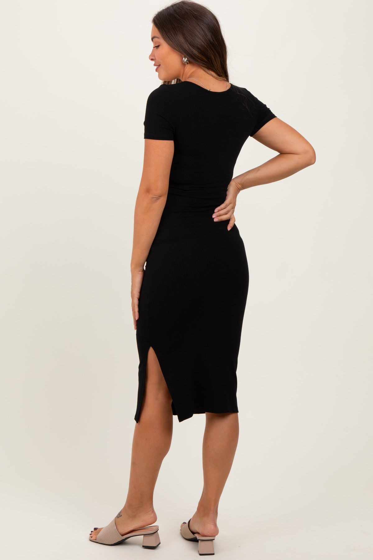 Black Square Neck Side Slit Maternity Midi Dress by PinkBlush at Everetts Place