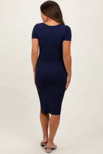 Model wearing PinkBlush Navy Square Neck Side Slit Maternity Midi Dress