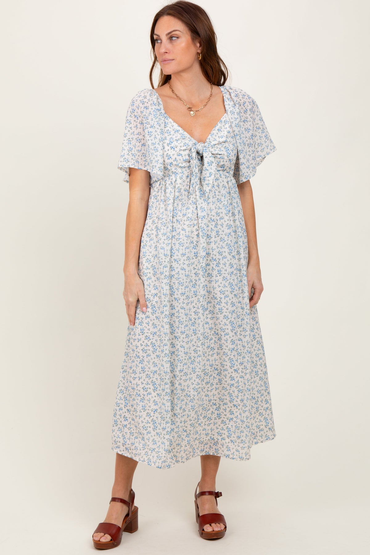 Blue Floral Front Tie Midi Dress by PinkBlush at Everetts Place
