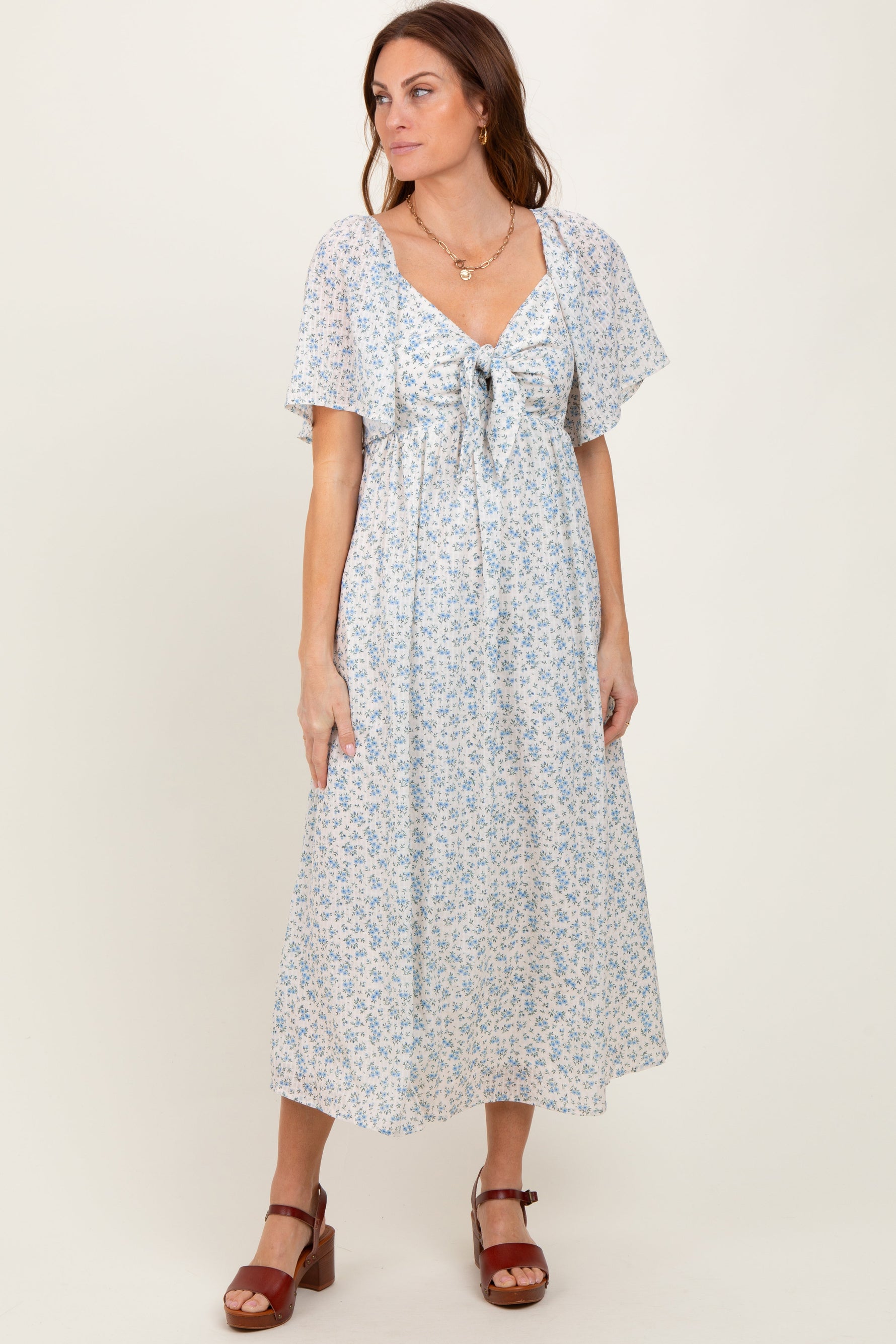 Blue Floral Front Tie Midi Dress by PinkBlush at Everetts Place