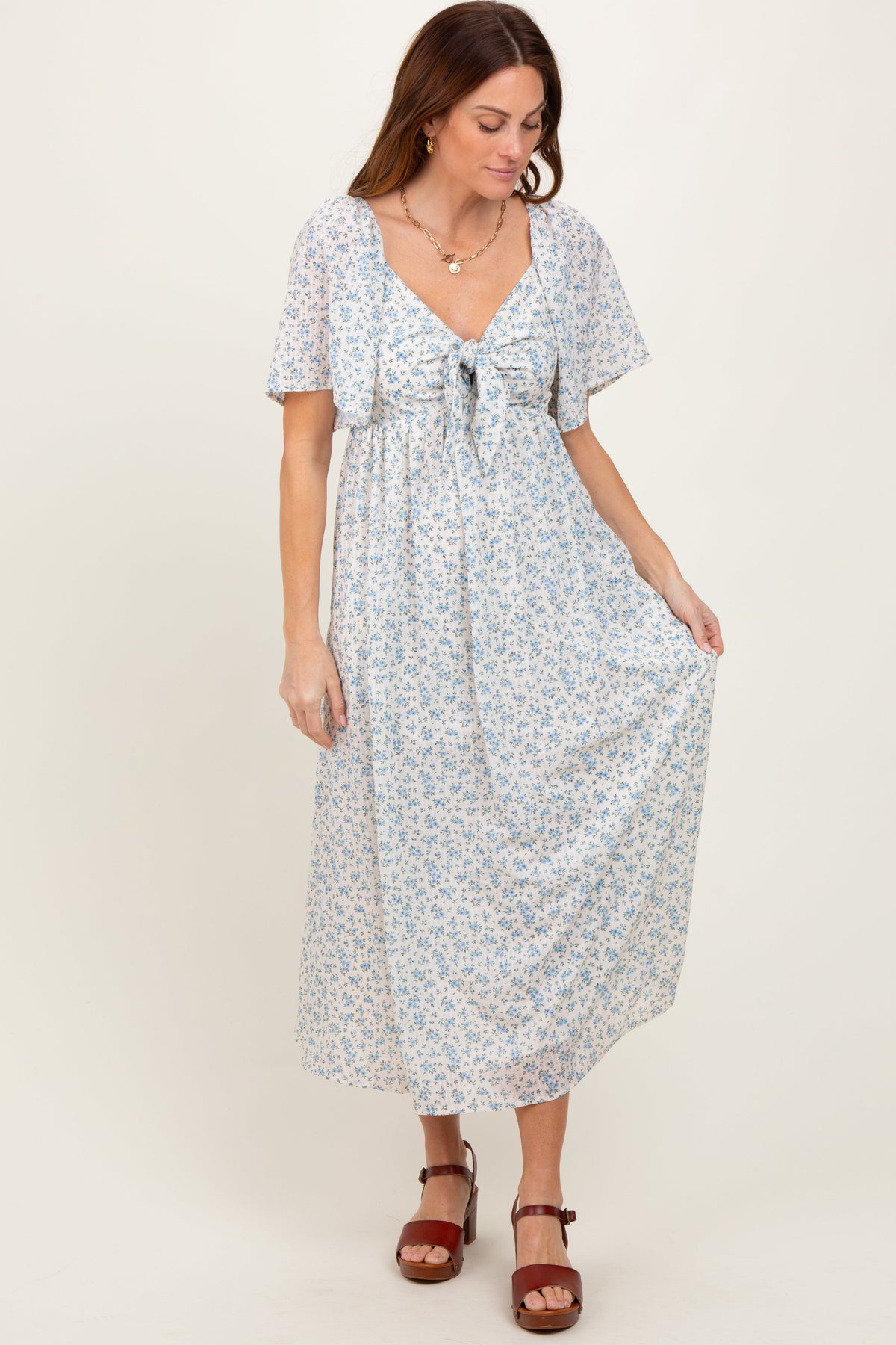 Blue Floral Front Tie Midi Dress by PinkBlush at Everetts Place