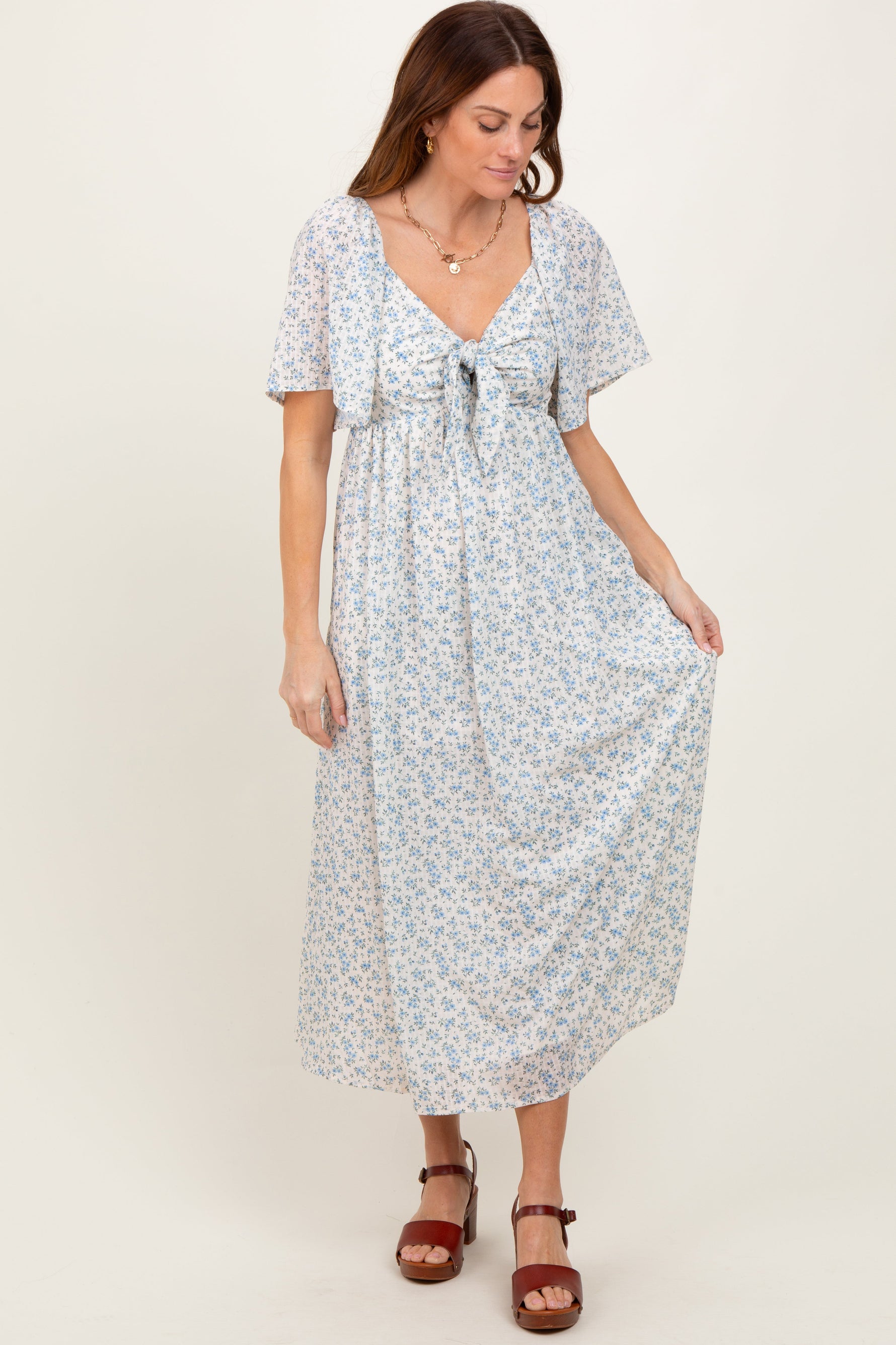 Blue Floral Front Tie Midi Dress by PinkBlush at Everetts Place