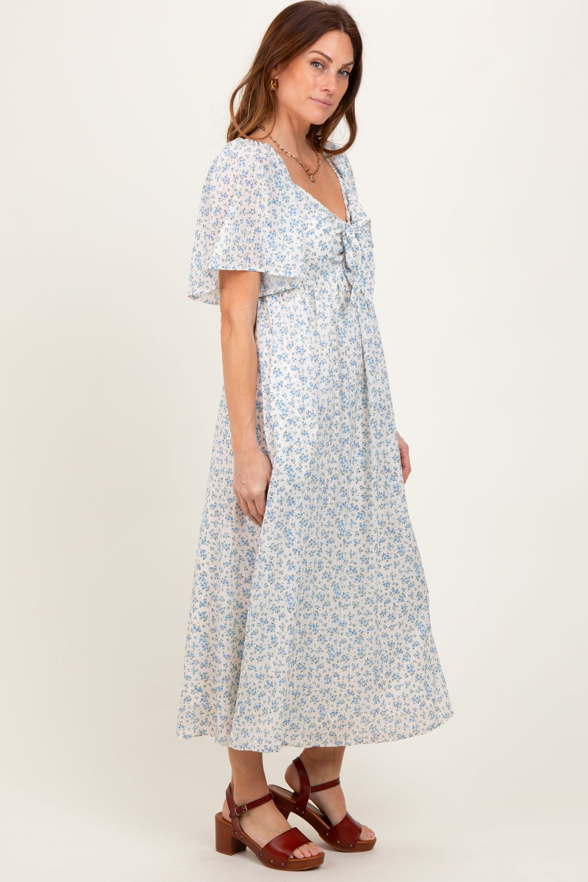 Blue Floral Front Tie Midi Dress by PinkBlush at Everetts Place
