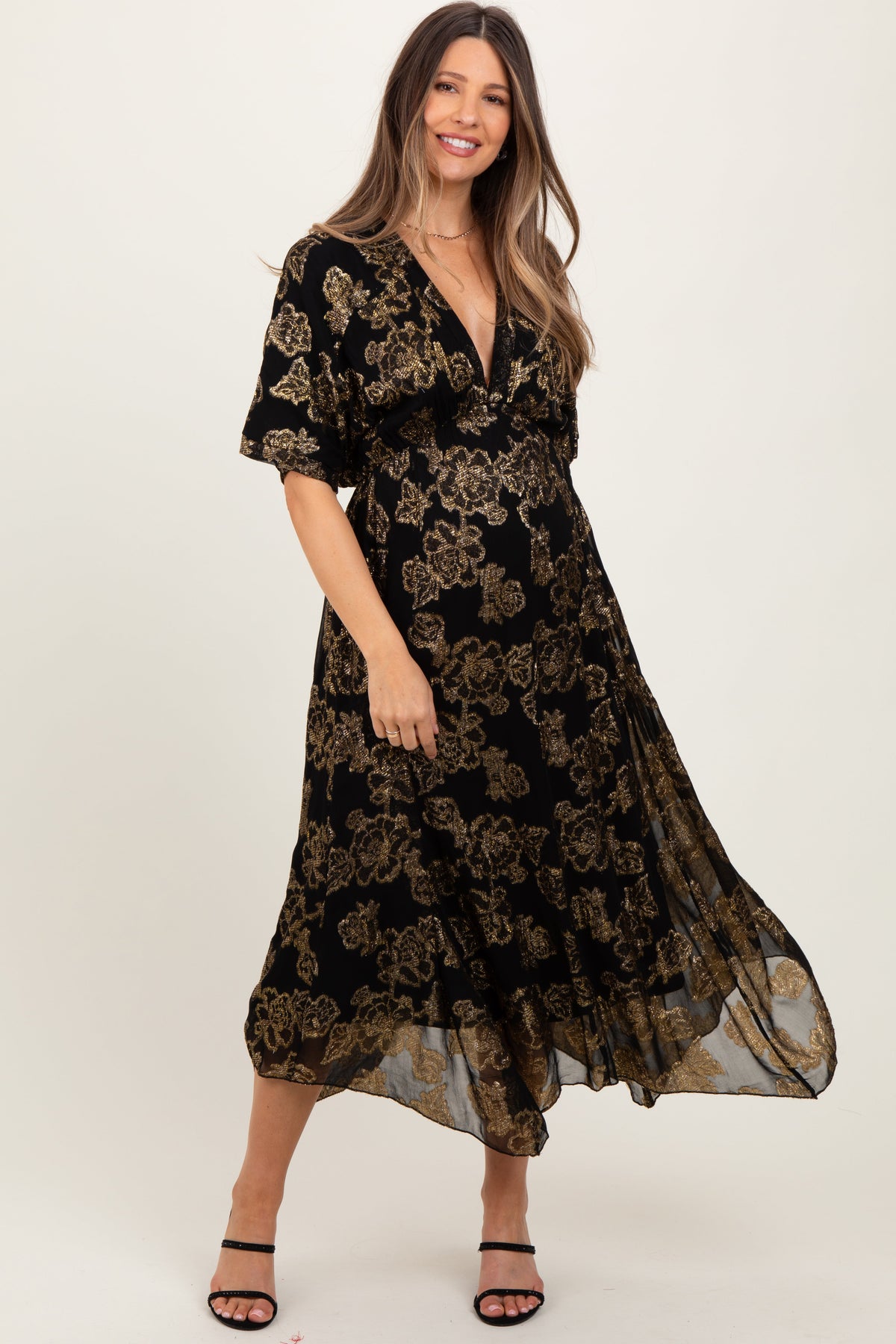 Black metallic floral jacquard overlay maternity maxi dress with V-neckline, short sleeves, and floor-length skirt