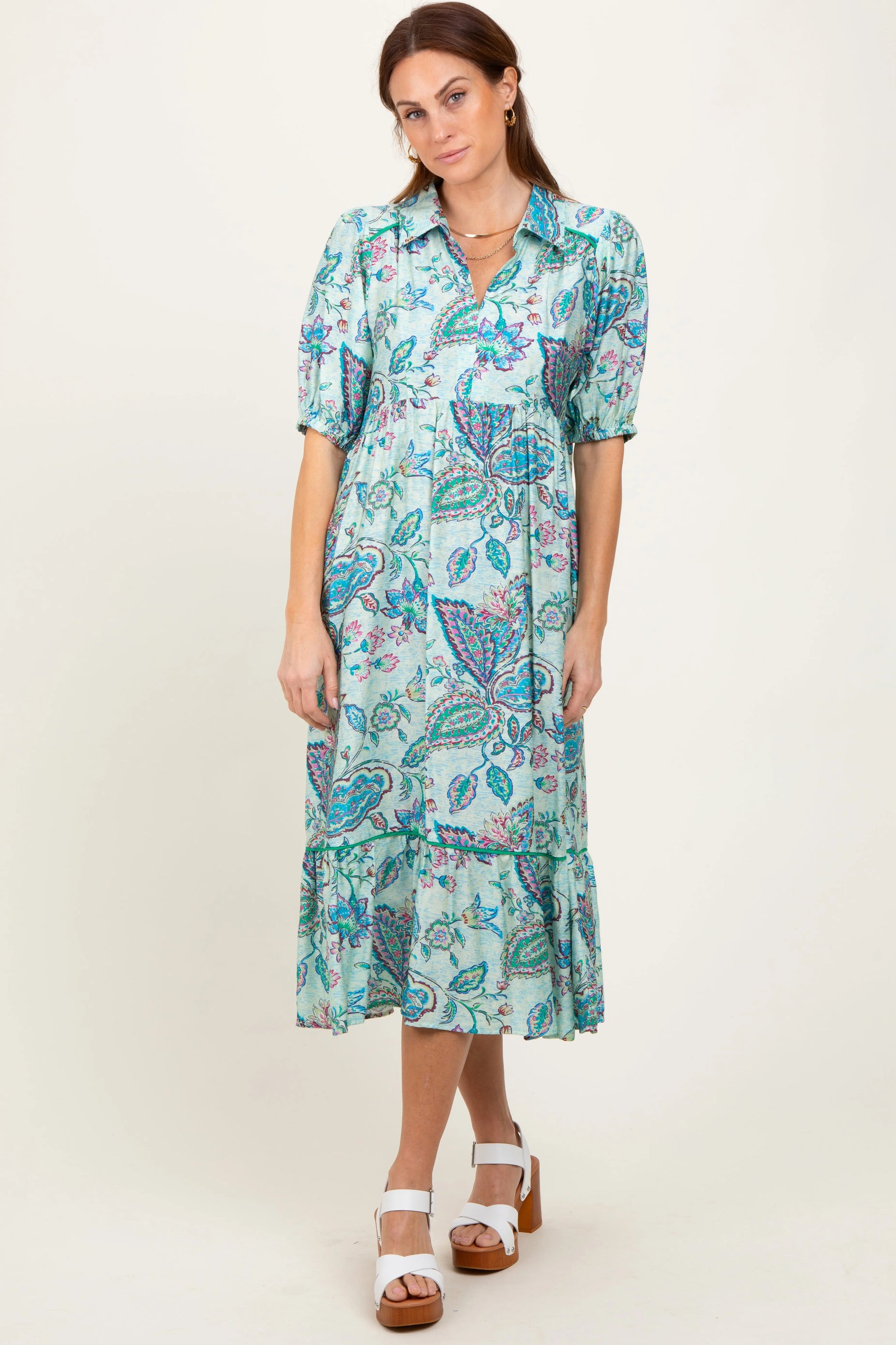 PinkBlush Aqua Paisley Midi Dress with Ruffle Hem for Stylish Daytime Wear - Apparel & Accessories > Clothing > Dresses Apparel & Accessories > Clothing > Dresses