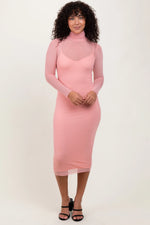 PinkBlush Coral Mesh Overlay Fitted Midi Dress for Elegant Women’s Occasions - Apparel & Accessories > Clothing > Dresses Apparel & Accessories > Clothing > Dresses