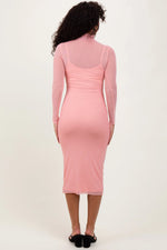 PinkBlush Coral Mesh Overlay Fitted Midi Dress for Elegant Women’s Occasions - Apparel & Accessories > Clothing > Dresses Apparel & Accessories > Clothing > Dresses
