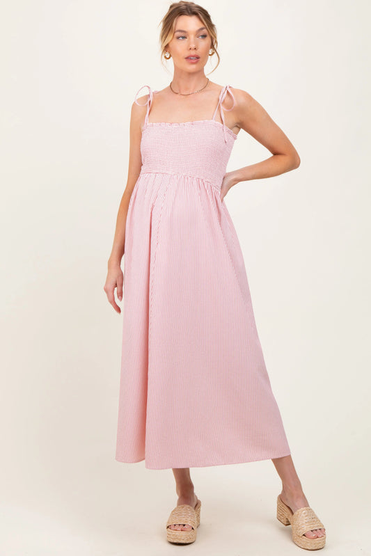 Red Striped Shoulder Tie Smocked Maternity Maxi Dress with Pockets PinkBlush