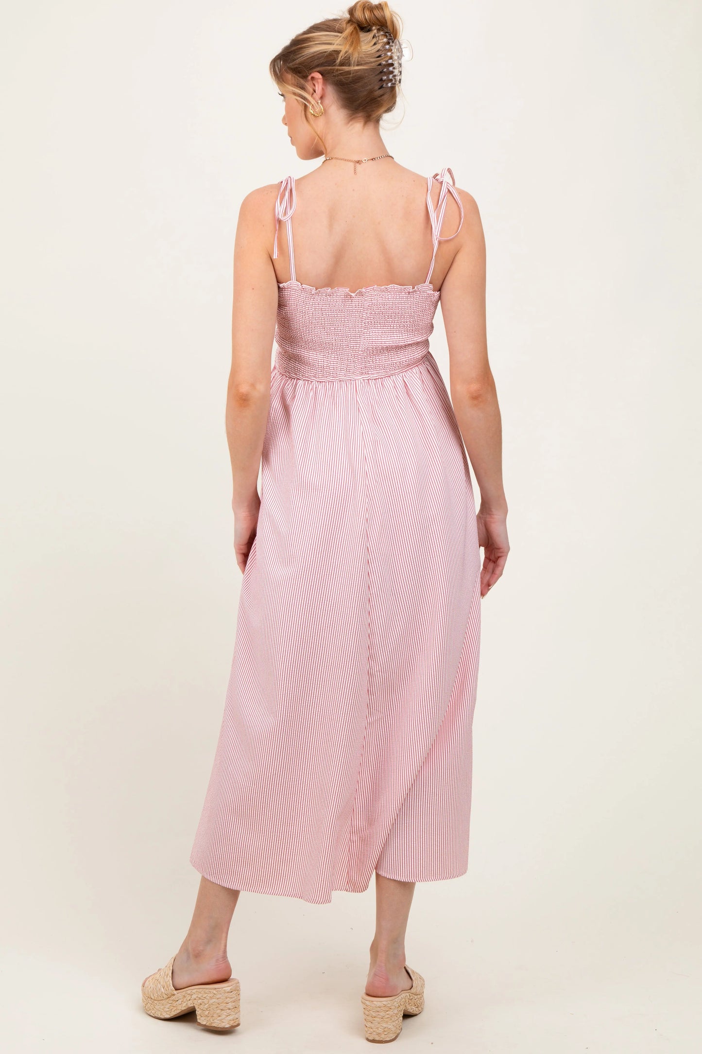 Red Striped Shoulder Tie Smocked Maternity Maxi Dress with Pockets PinkBlush