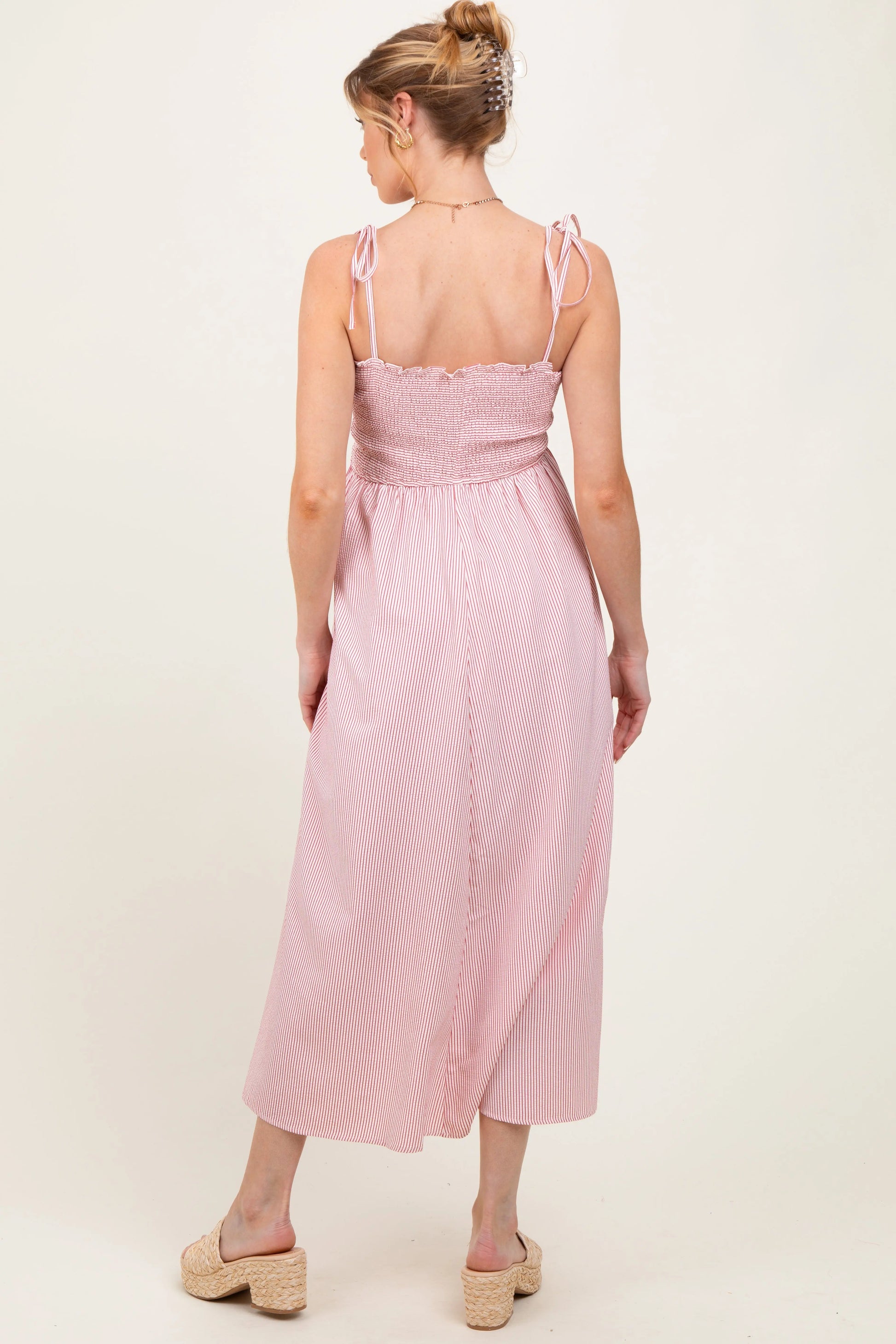 Red Striped Shoulder Tie Smocked Maternity Maxi Dress with Pockets PinkBlush