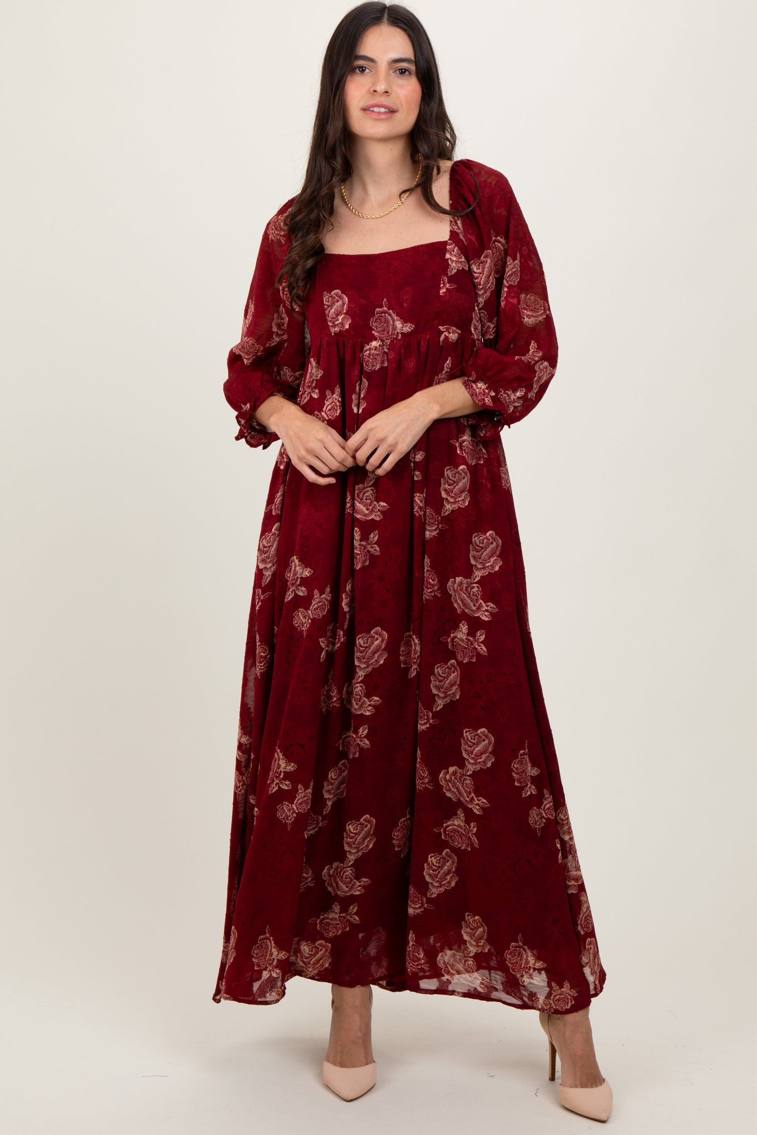 Burgundy Multi Floral Textured Peasant Babydoll Maxi Dress - Sleeve, Fashion, Textile, Dress, Fashion design | Everetts Place