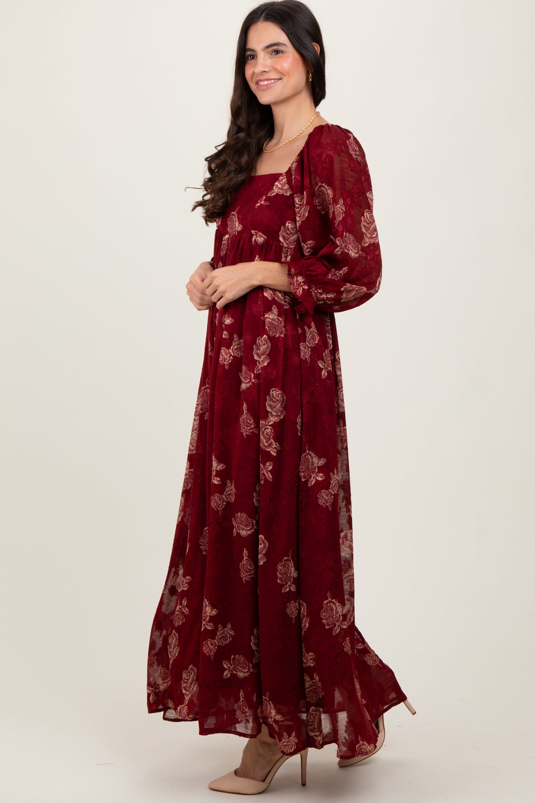 Burgundy Multi Floral Textured Peasant Babydoll Maxi Dress by PinkBlush at Everetts Place