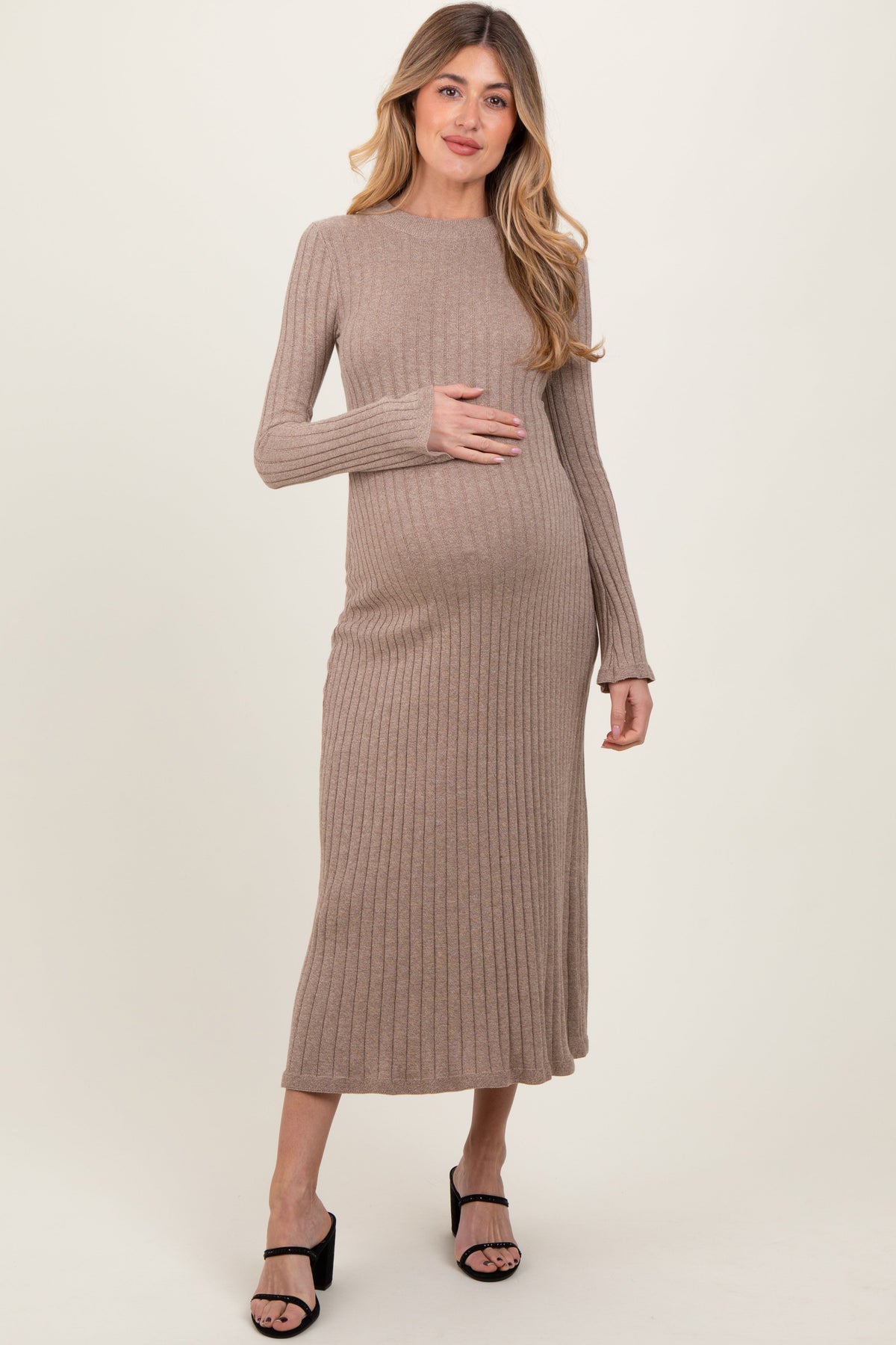 Light mocha ribbed knit maternity midi sweater dress with long sleeves