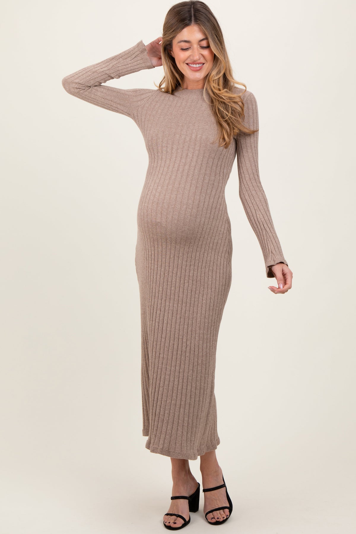 Light Mocha Ribbed Knit Maternity Midi Sweater Dress by PinkBlush (view 2 of 5)