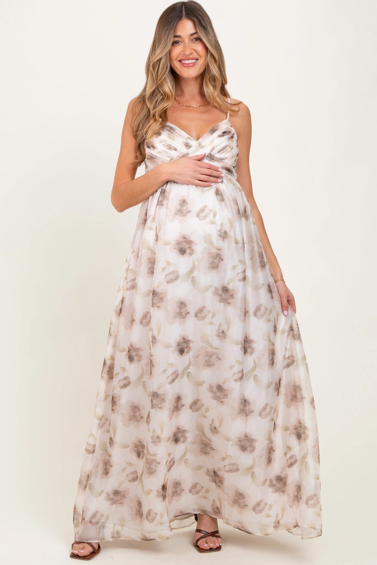 Taupe Multi Floral Print Sleeveless Maternity Maxi Dress PinkBlush 