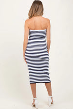 Navy Striped Knit Strapless Maternity Midi Dress PinkBlush 