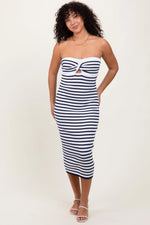 Navy Striped Knit Strapless Maternity Midi Dress PinkBlush 