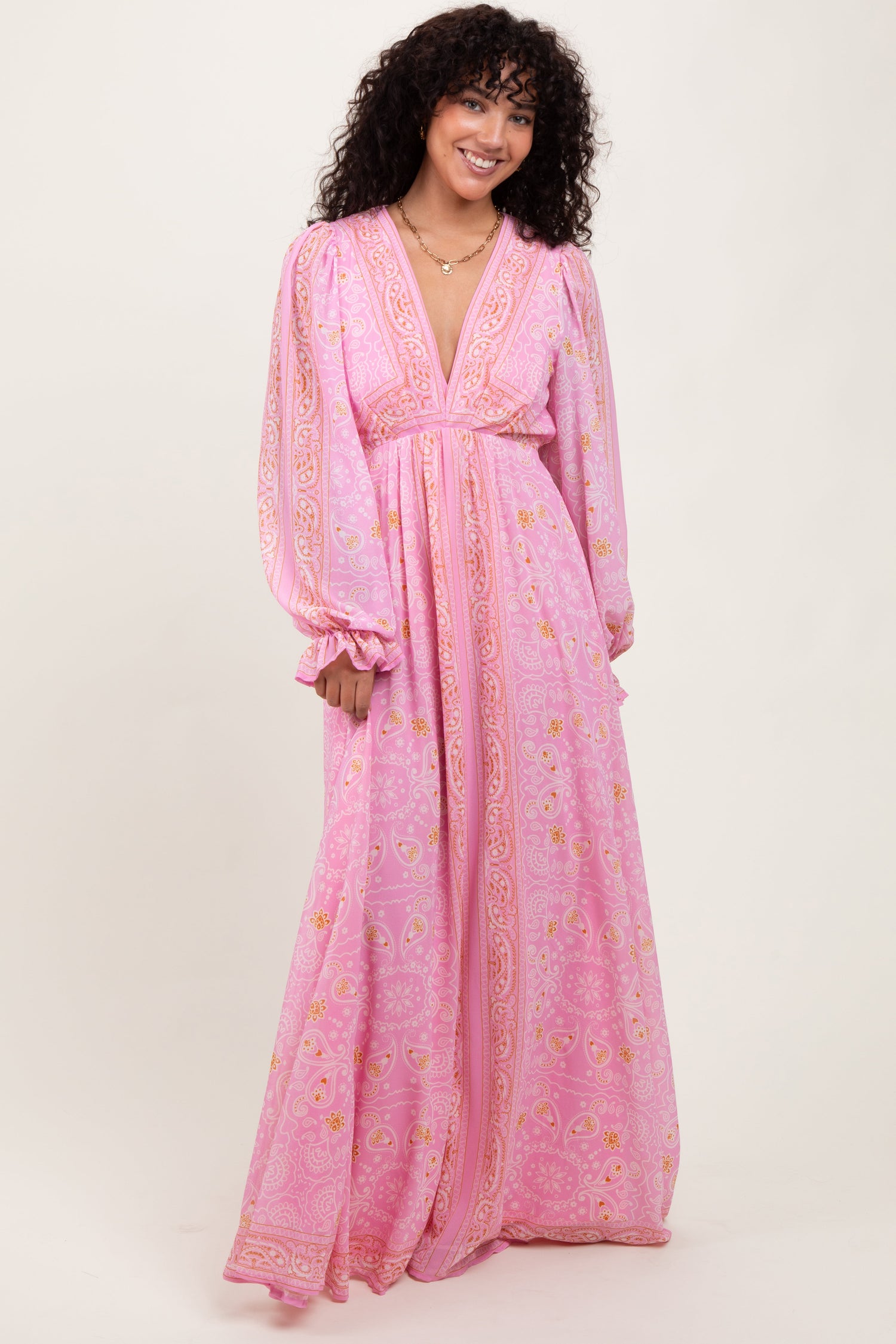Pink Paisley Deep V-Neck Long Sleeve Maxi Dress by PinkBlush at Everetts Place