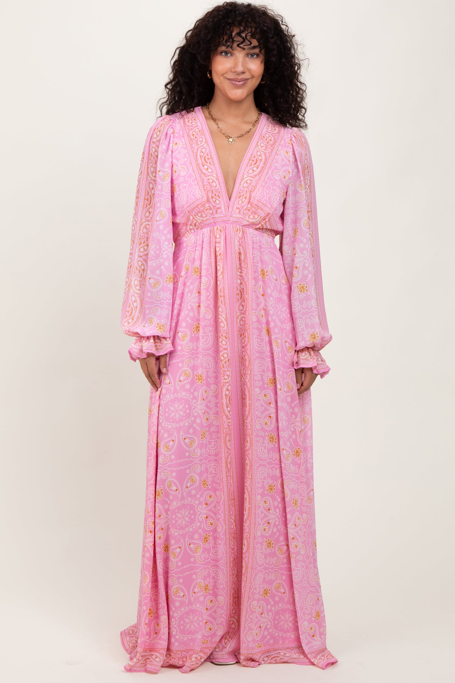 Pink Paisley Deep V-Neck Long Sleeve Maxi Dress by PinkBlush at Everetts Place
