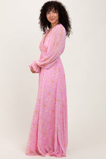 Pink Paisley Deep V-Neck Long Sleeve Maxi Dress by PinkBlush at Everetts Place