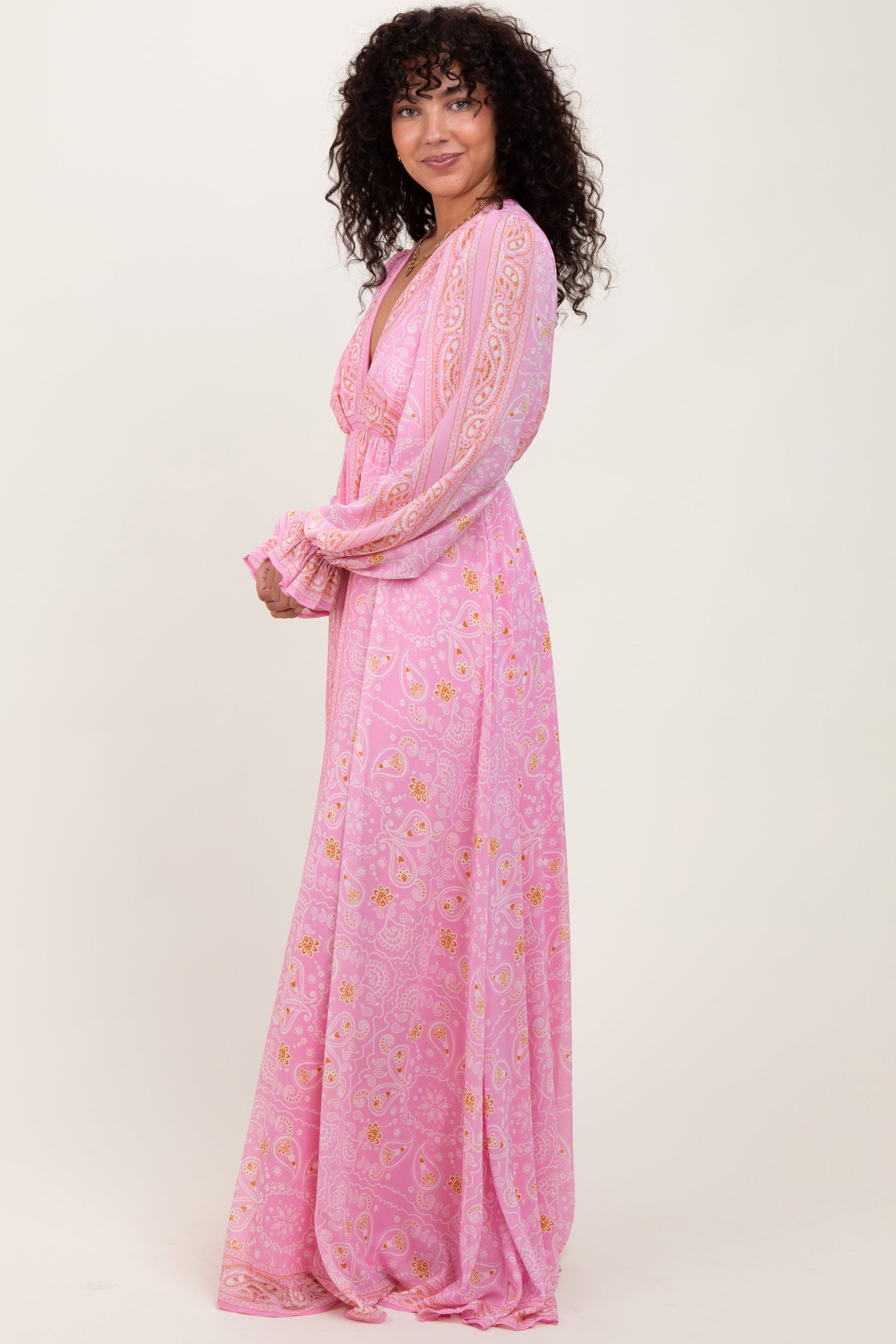 Pink Paisley Deep V-Neck Long Sleeve Maxi Dress by PinkBlush at Everetts Place