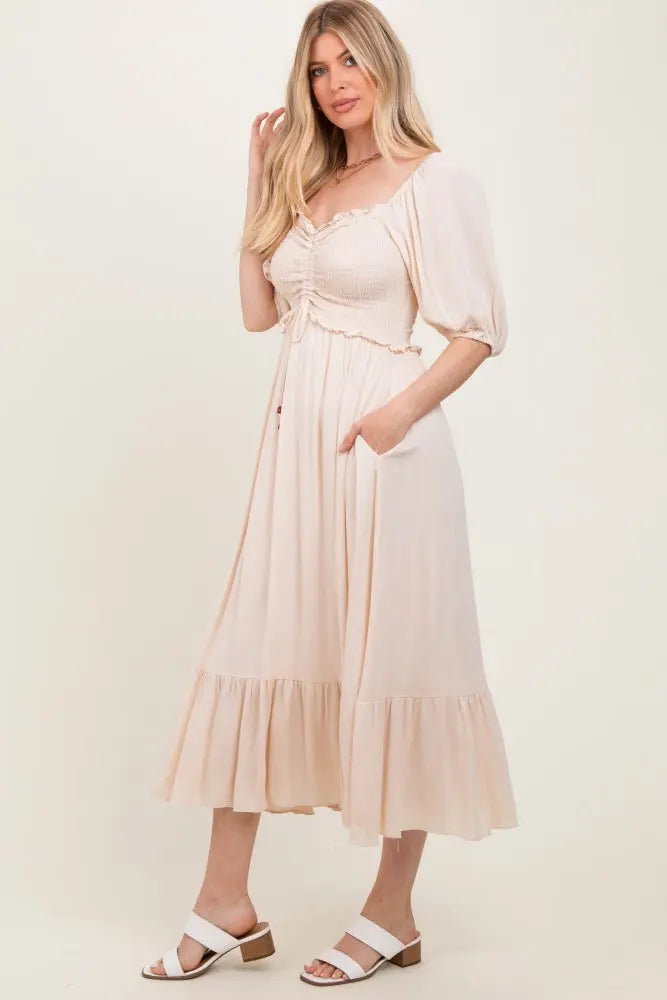 Taupe Smocked Cinched Front Maxi Dress PinkBlush 