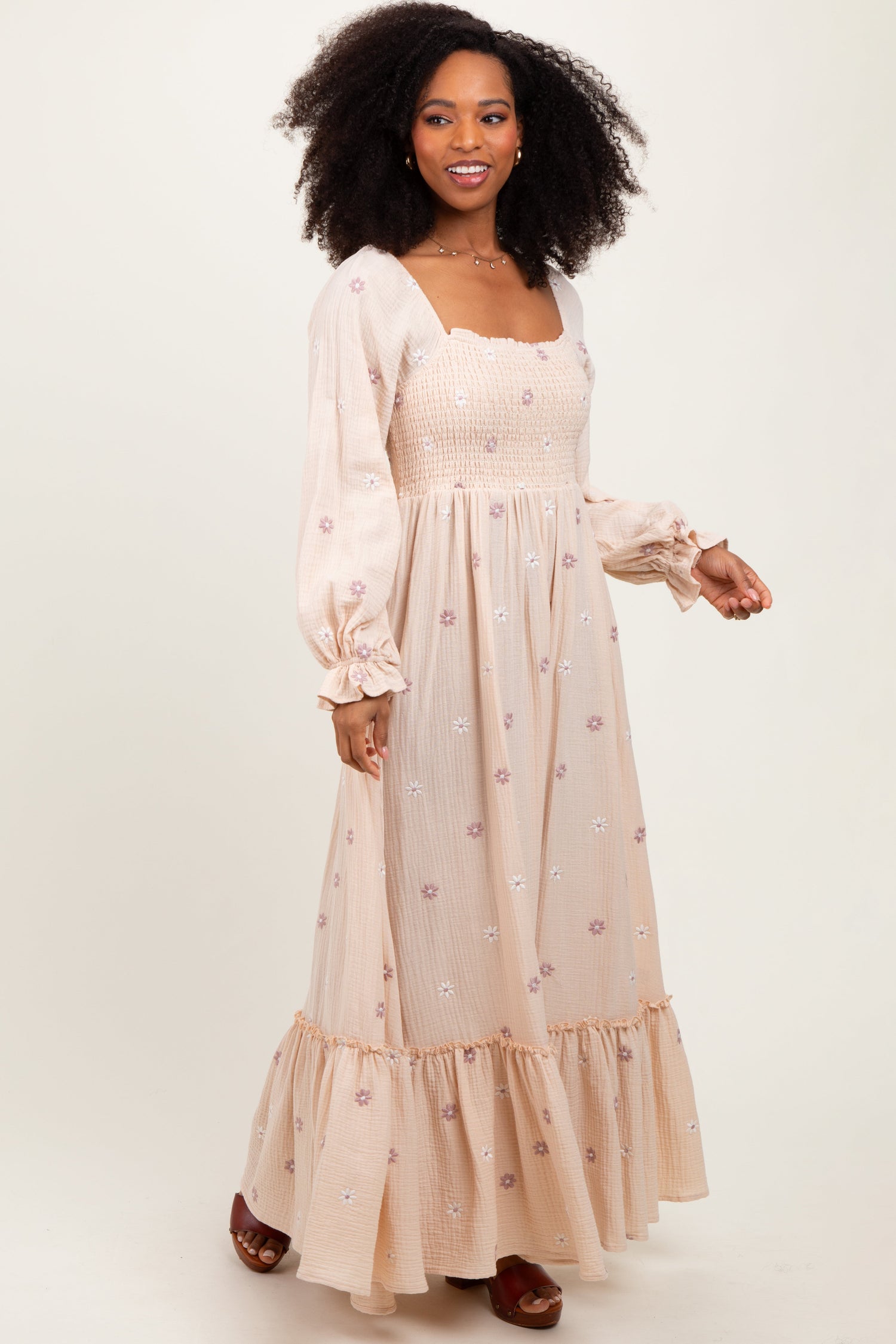 Floral Accent Long Sleeve Maxi Dress